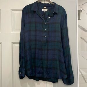 LOFT Blue and Green Plaid The Softened Shirt Long Sleeve Popover Blouse Size XL